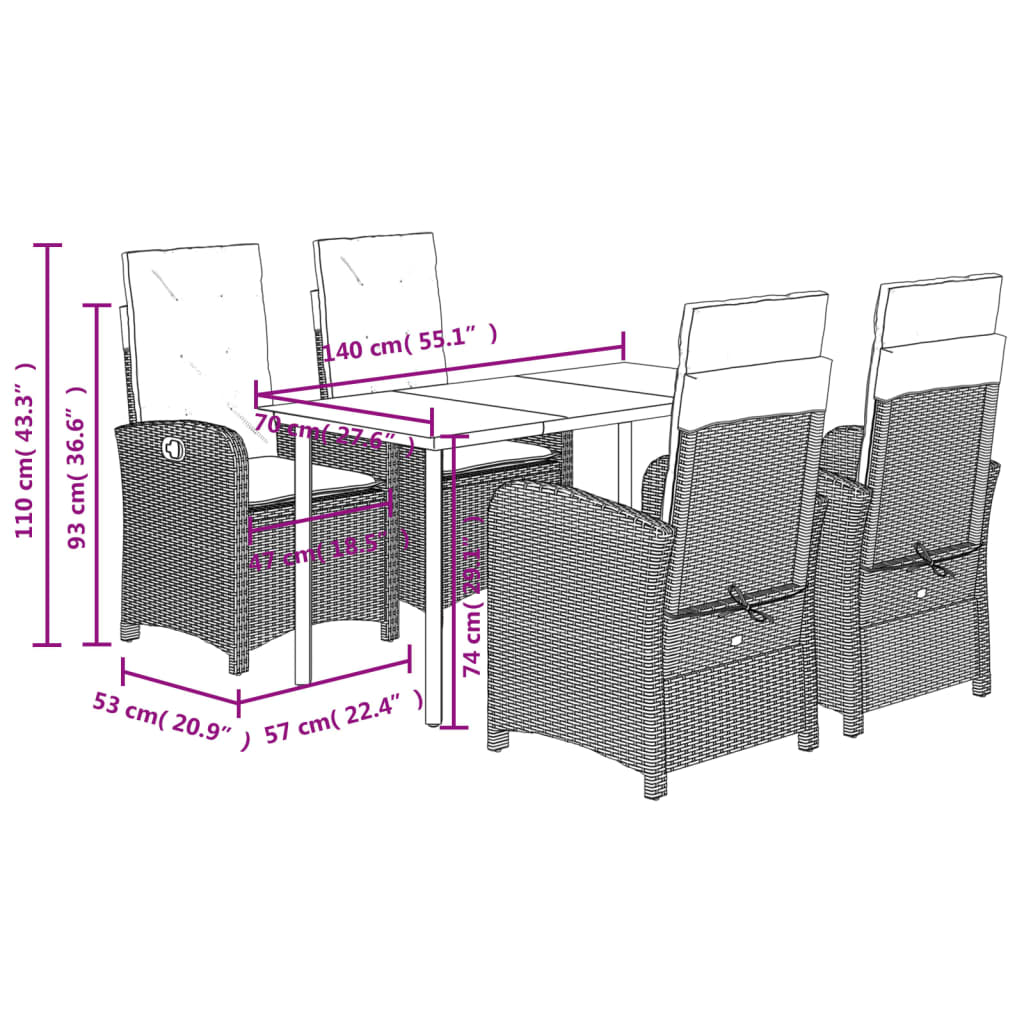 5-tlg. Garten-Essgruppe mit Kissen Braun Poly Rattan