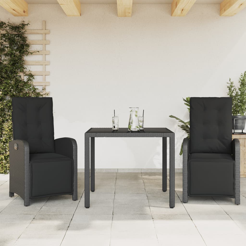 3-tlg. Bistro-Set mit Kissen Schwarz Poly Rattan