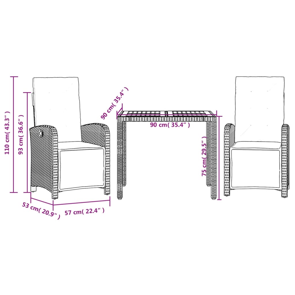 3-tlg. Bistro-Set mit Kissen Grau Poly Rattan