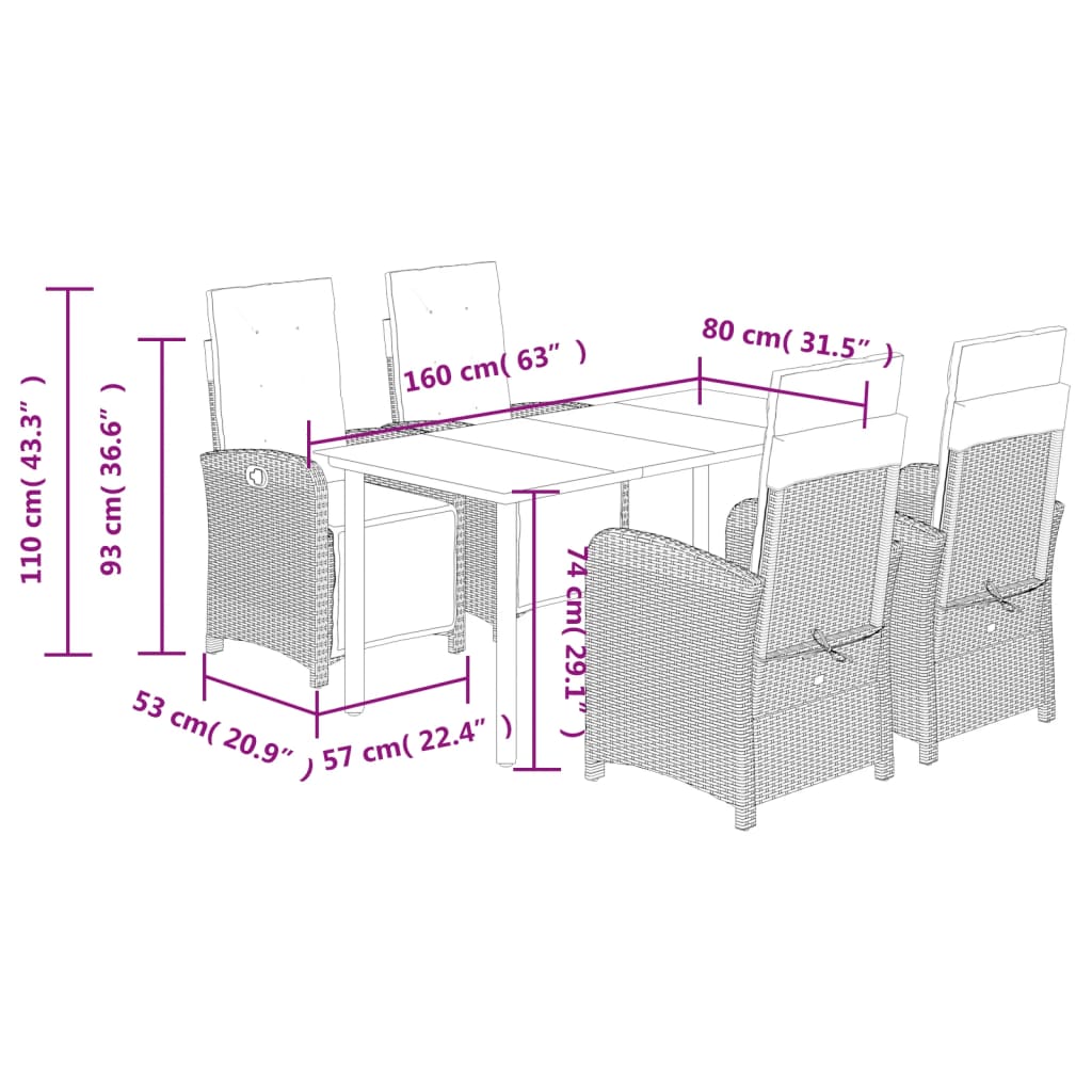 5-tlg. Garten-Essgruppe mit Kissen Braun Poly Rattan