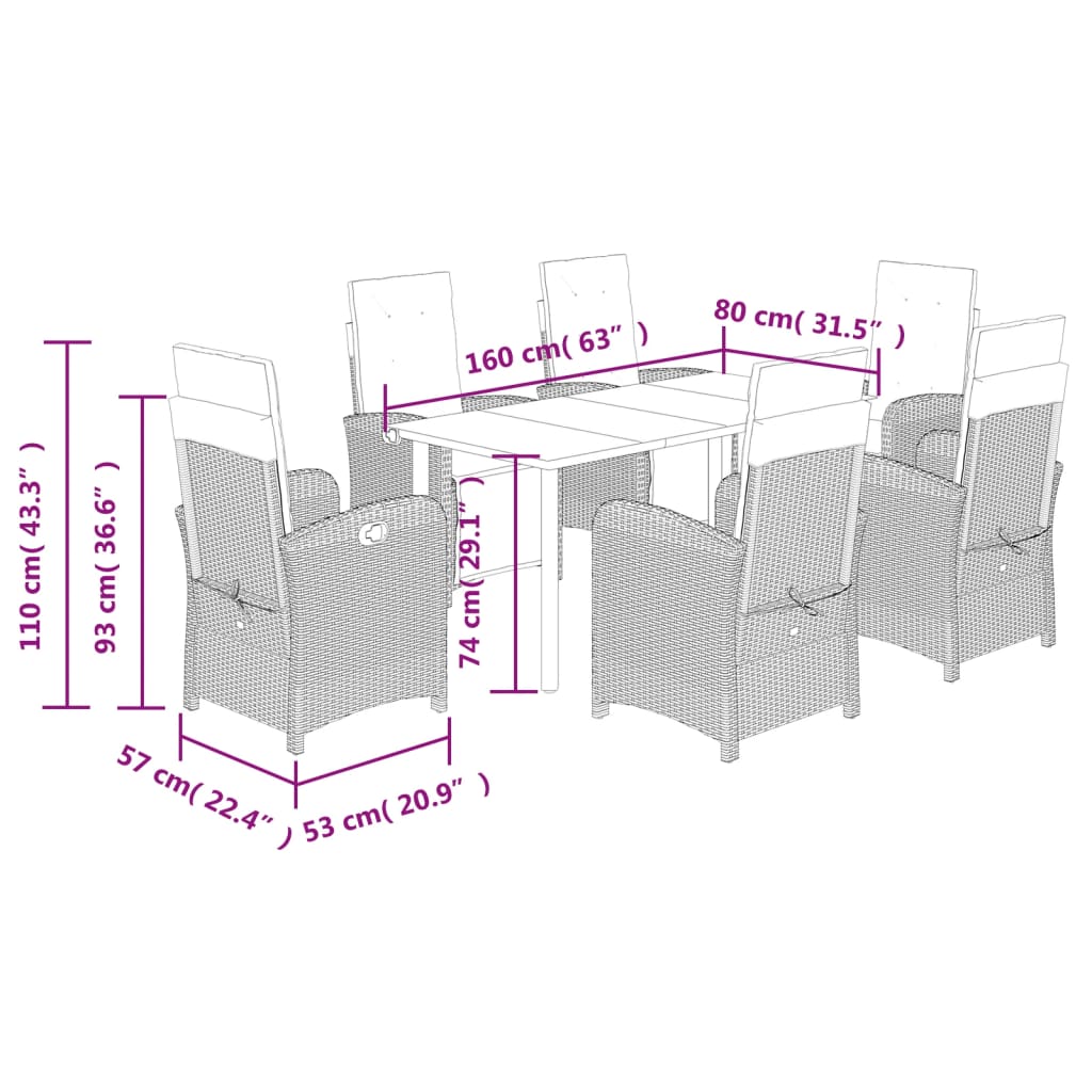 7-tlg. Garten-Essgruppe mit Kissen Braun Poly Rattan