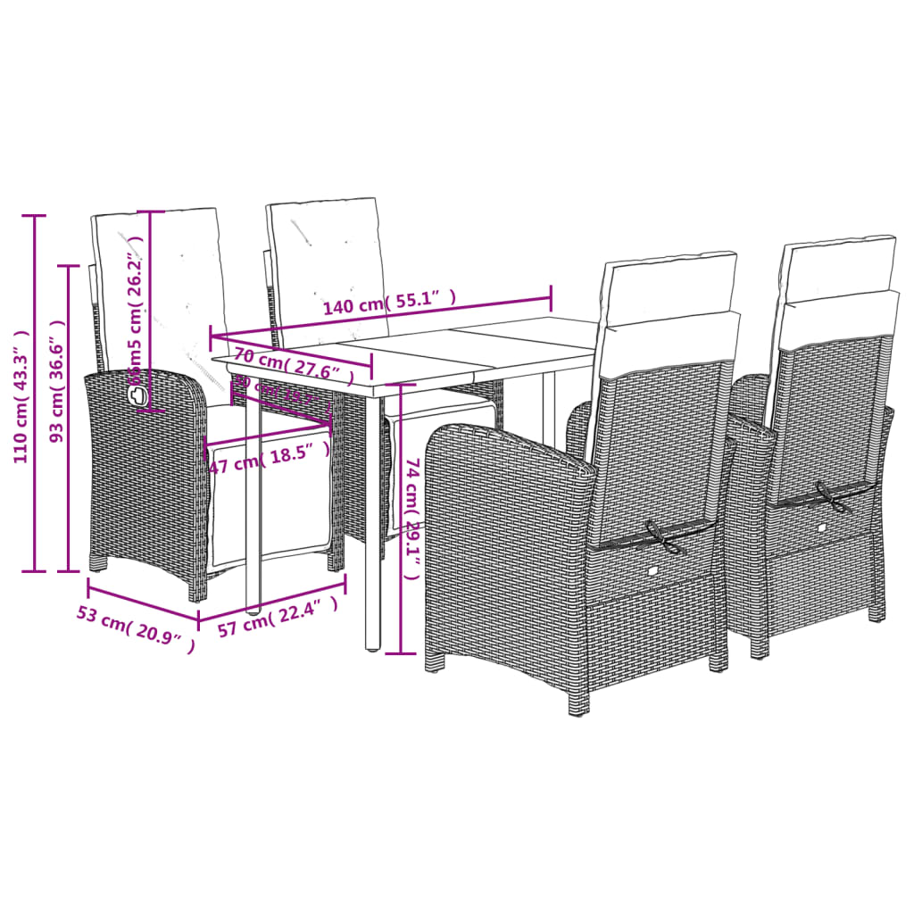 5-tlg. Garten-Essgruppe mit Kissen Grau Poly Rattan