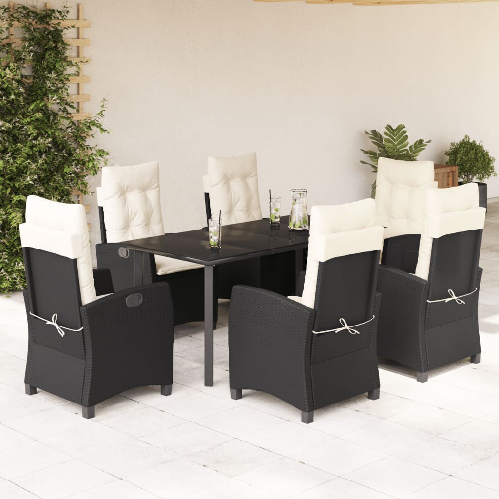 7-tlg. Garten-Essgruppe mit Kissen Schwarz Poly Rattan