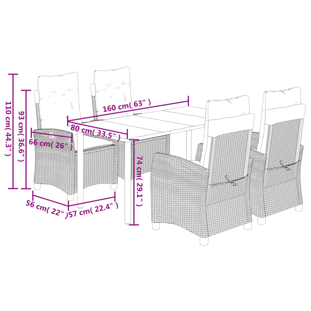 5-tlg. Garten-Essgruppe mit Kissen Schwarz Poly Rattan