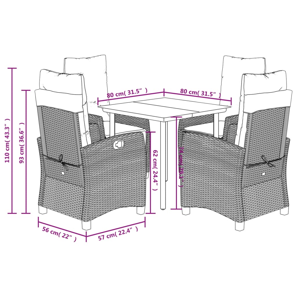 5-tlg. Garten-Essgruppe mit Kissen Braun Poly Rattan