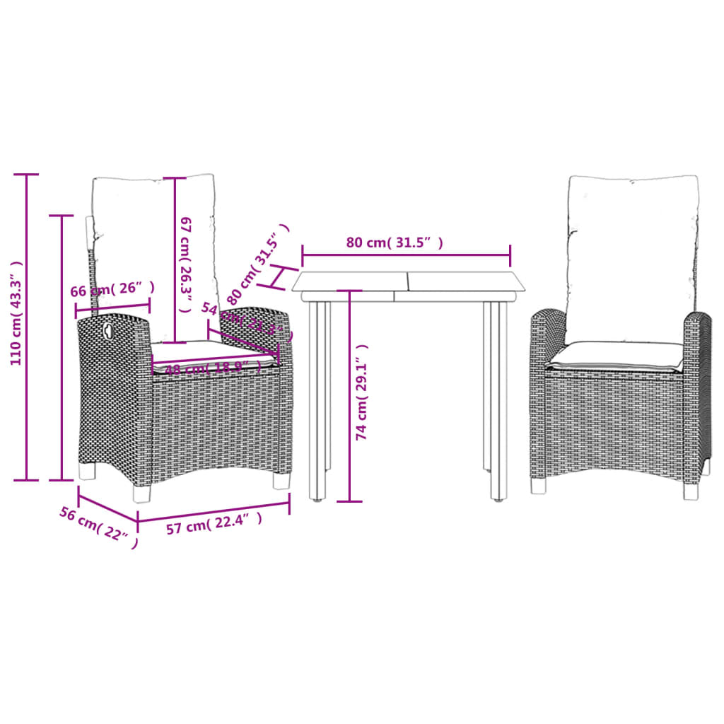 3-tlg. Garten-Essgruppe mit Kissen Grau Poly Rattan