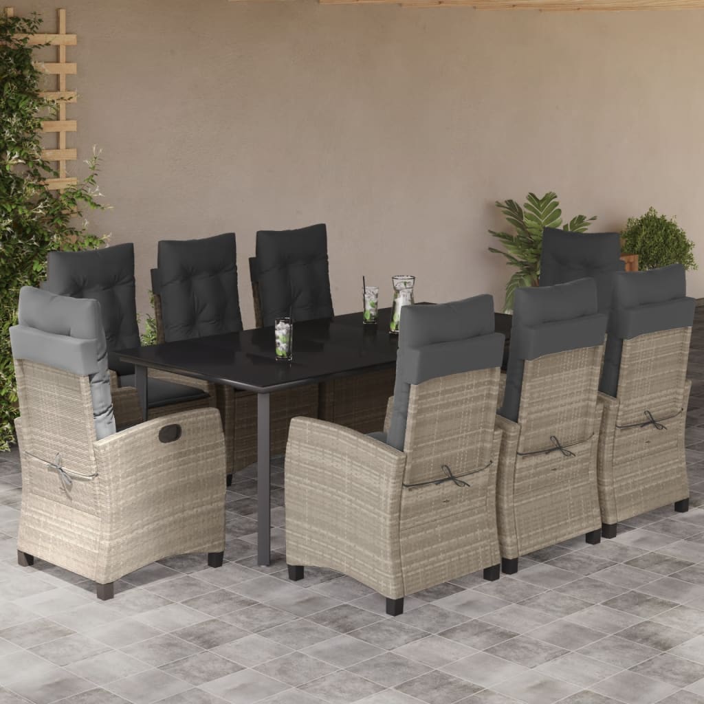 9-tlg. Garten-Essgruppe mit Kissen Hellgrau Poly Rattan