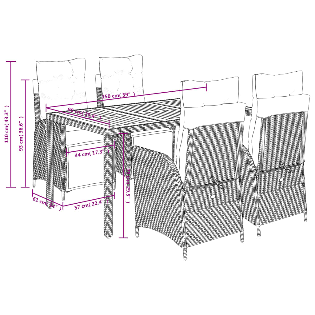 5-tlg. Garten-Essgruppe mit Kissen Grau Poly Rattan