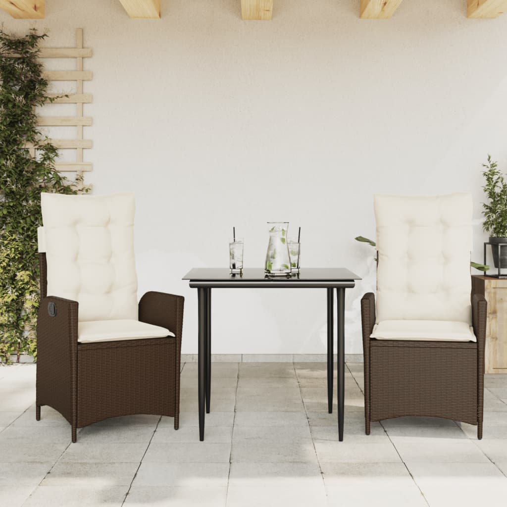 3-tlg. Garten-Essgruppe mit Kissen Braun Poly Rattan