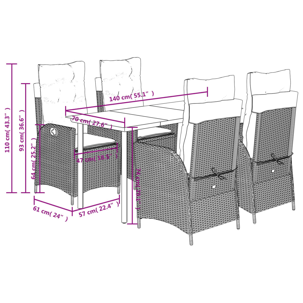 5-tlg. Garten-Essgruppe mit Kissen Grau Poly Rattan