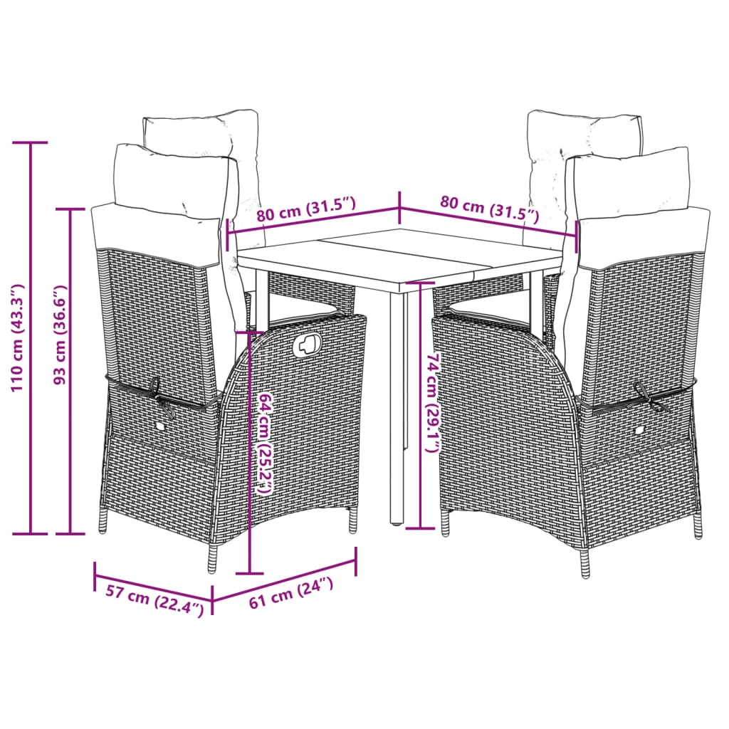 5-tlg. Garten-Essgruppe mit Kissen Hellgrau Poly Rattan