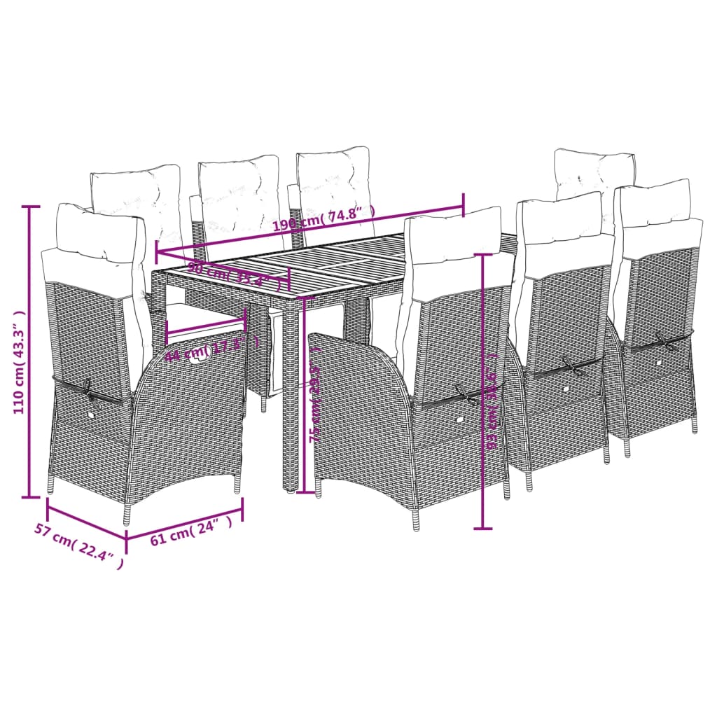 9-tlg. Garten-Essgruppe mit Kissen Schwarz Poly Rattan