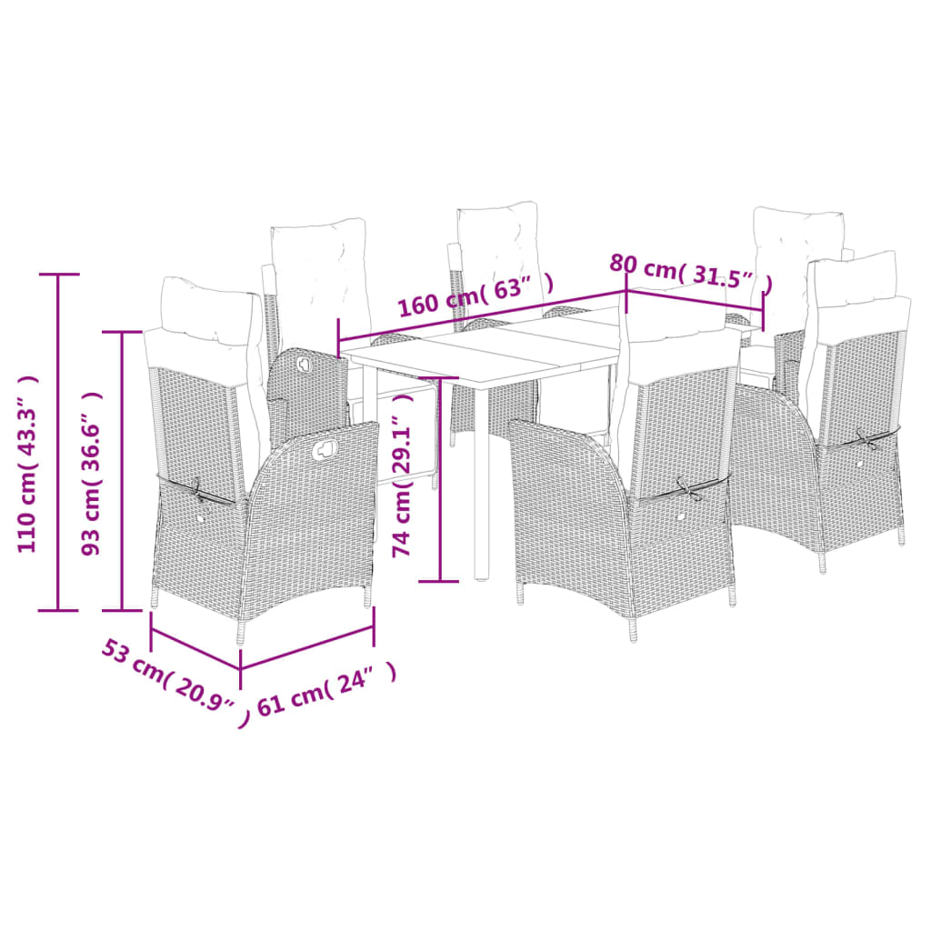 7-tlg. Garten-Essgruppe mit Kissen Schwarz Poly Rattan