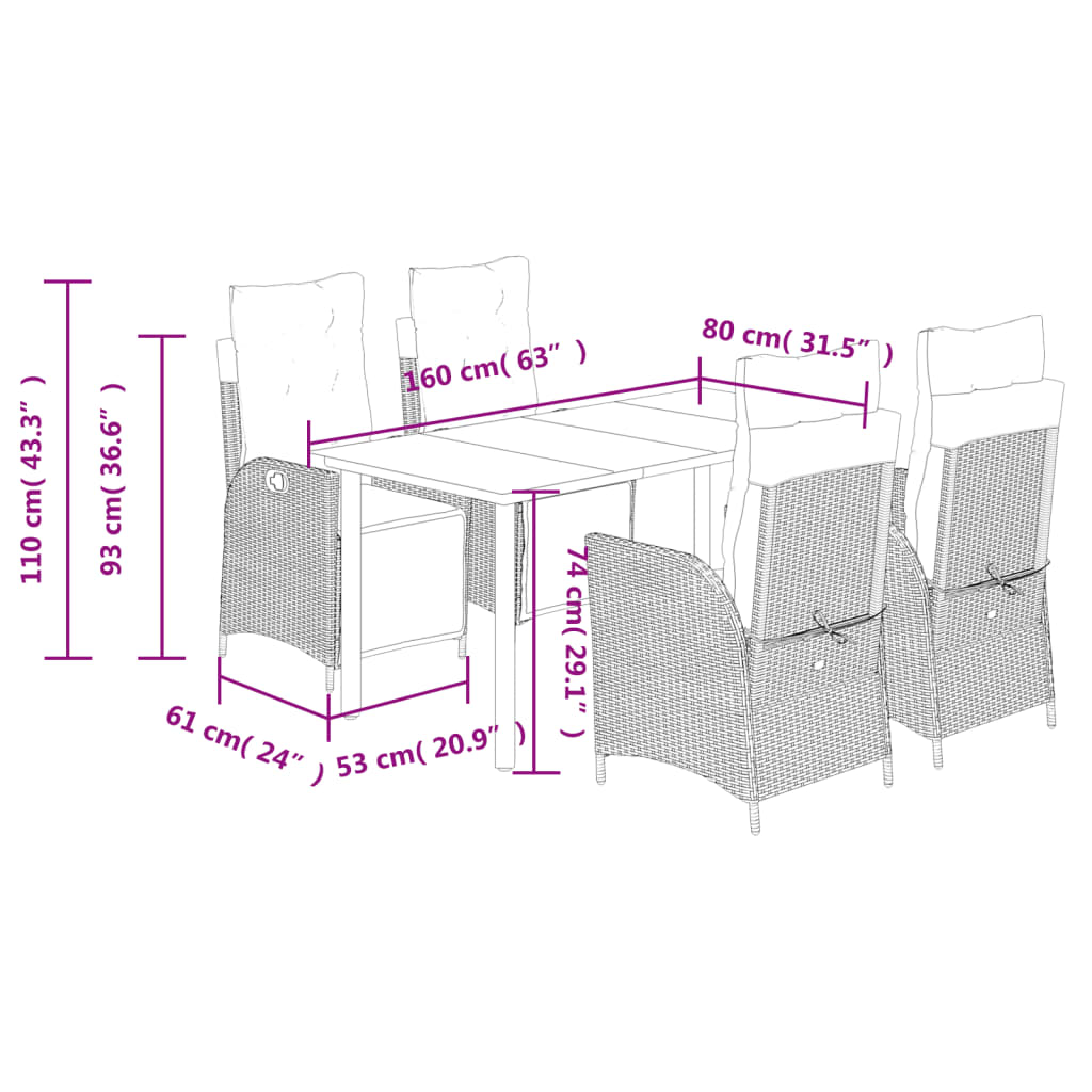 5-tlg. Garten-Essgruppe mit Kissen Beige Poly Rattan