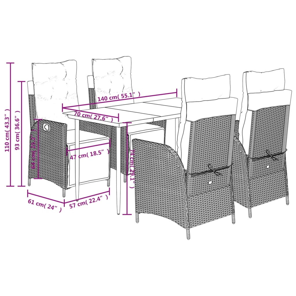 5-tlg. Garten-Essgruppe mit Kissen Beigemischung Poly Rattan