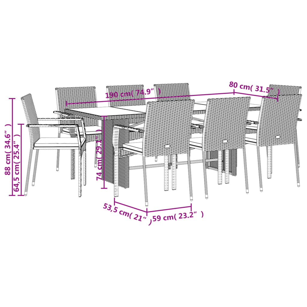9-tlg. Garten-Essgruppe mit Kissen Schwarz Poly Rattan