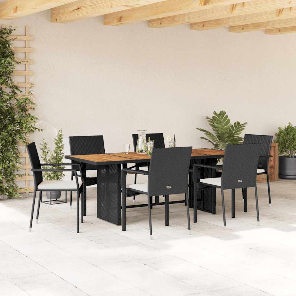 7-tlg. Garten-Essgruppe mit Kissen Schwarz Poly Rattan