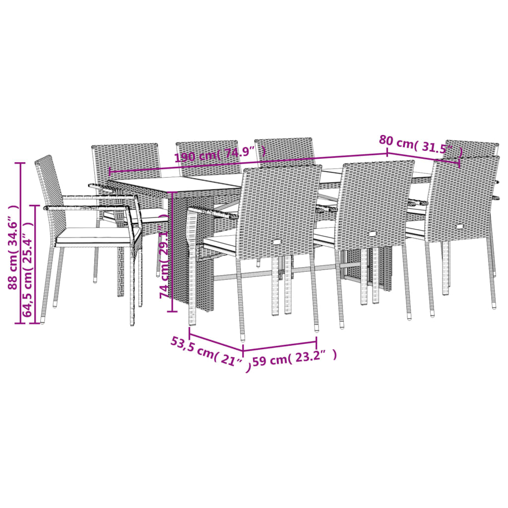 9-tlg. Garten-Essgruppe mit Kissen Schwarz Poly Rattan