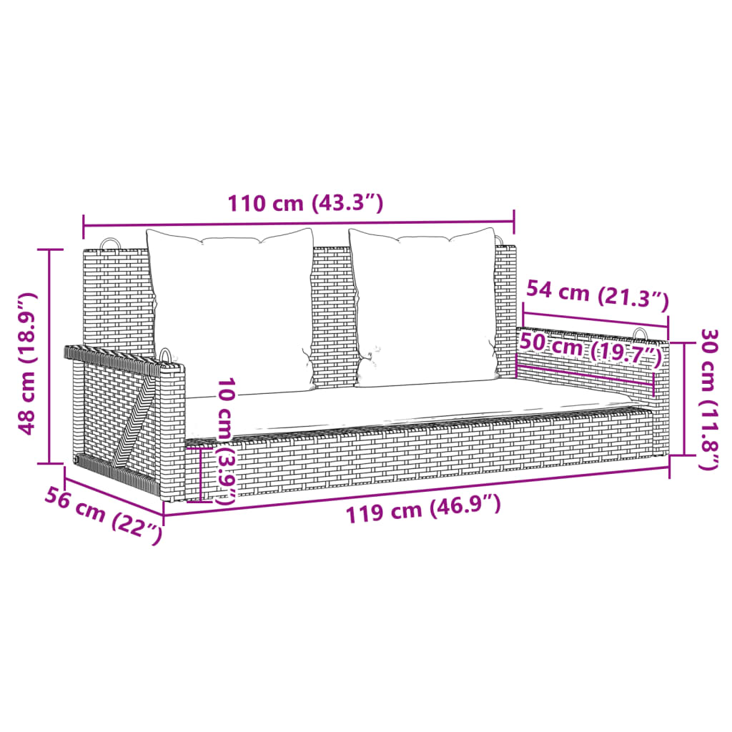 Schaukelbank mit Kissen Grau 119x56x48 cm Poly Rattan
