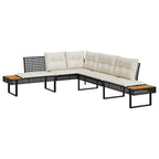 Gartensofa in L-Form mit Kissen Schwarz Poly Rattan und Akazie