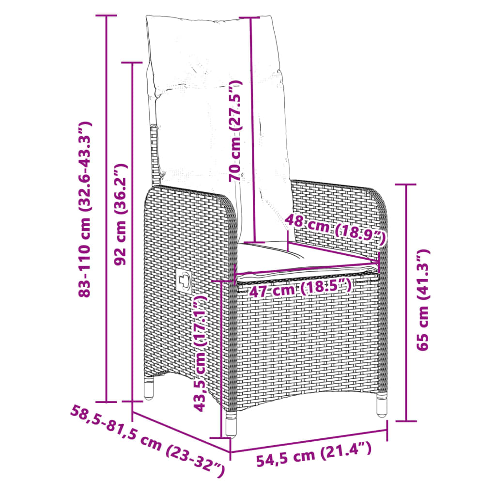 Gartensessel Verstellbar mit Kissen Braun Poly Rattan