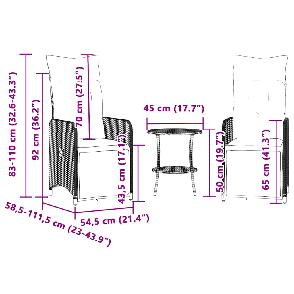 Gartenstühle Verstellbar 2 Stk. mit Tisch Grau Poly Rattan