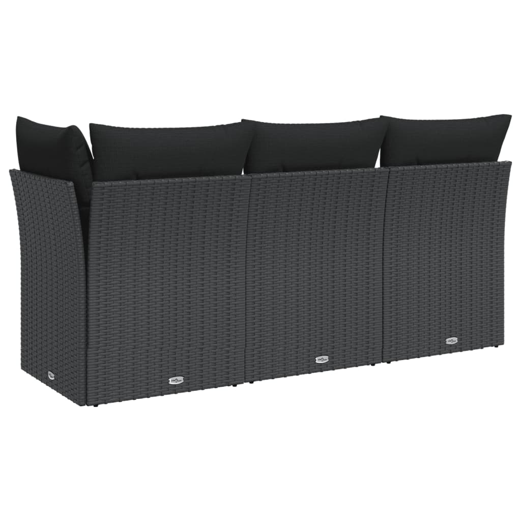 Gartensofa mit Kissen 3-Sitzer Schwarz Poly Rattan