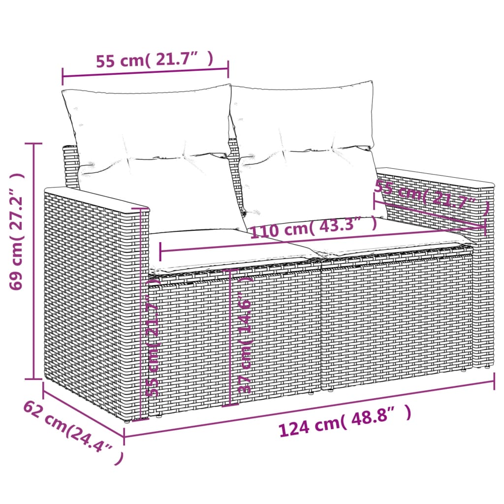 Gartensofa mit Kissen 2-Sitzer Schwarz Poly Rattan