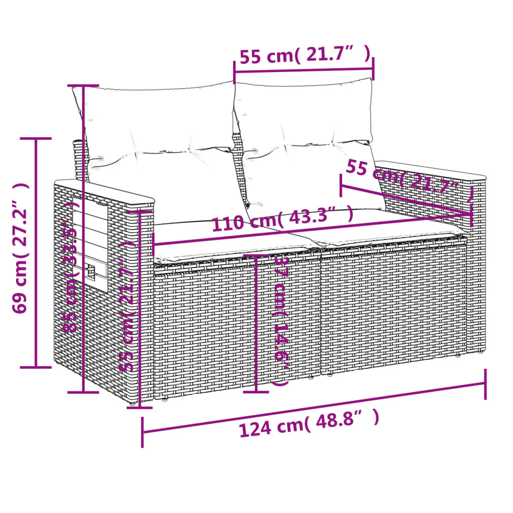 Gartensofa 2-Sitzer mit Kissen Grau Poly Rattan