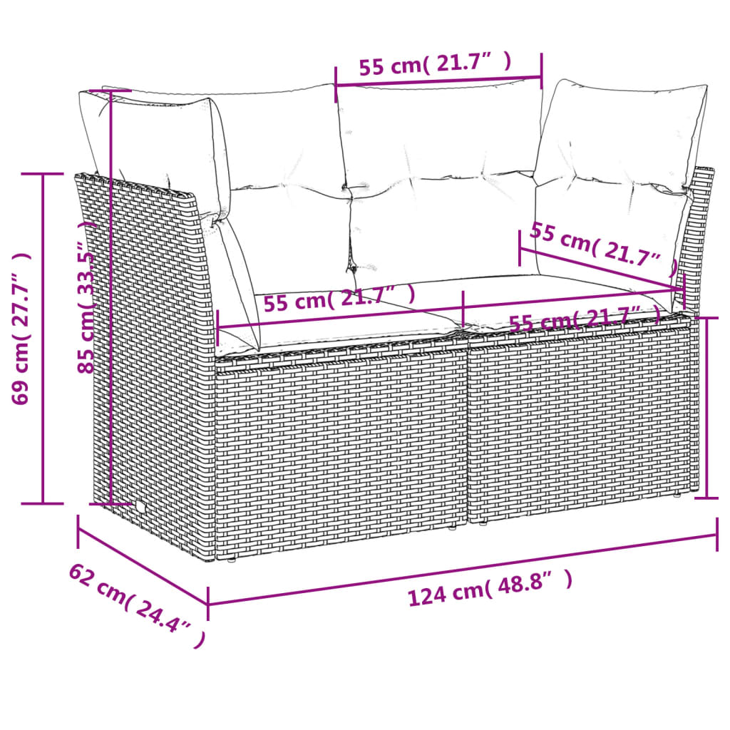 Gartensofa 2-Sitzer mit Kissen Grau Poly Rattan