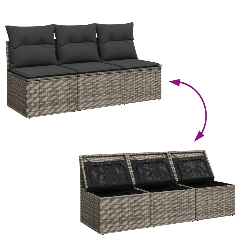 Gartensofa mit Kissen 3-Sitzer Grau Poly Rattan