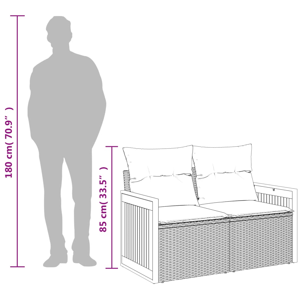 Gartensofa mit Kissen 2-Sitzer Grau Poly Rattan