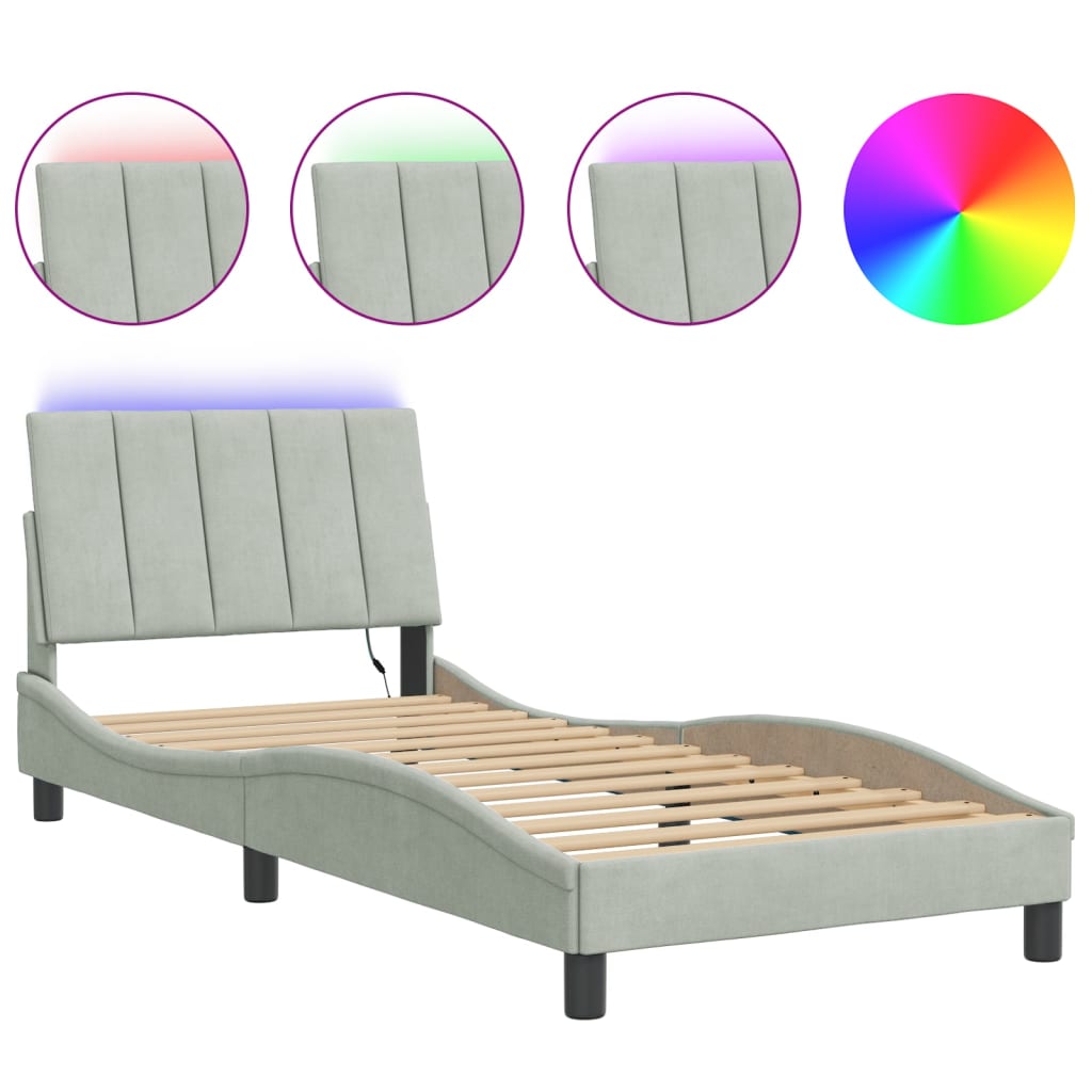 Bettgestell mit LED ohne Matratze "Hanko" Hellgrau 90x200 cm Samt