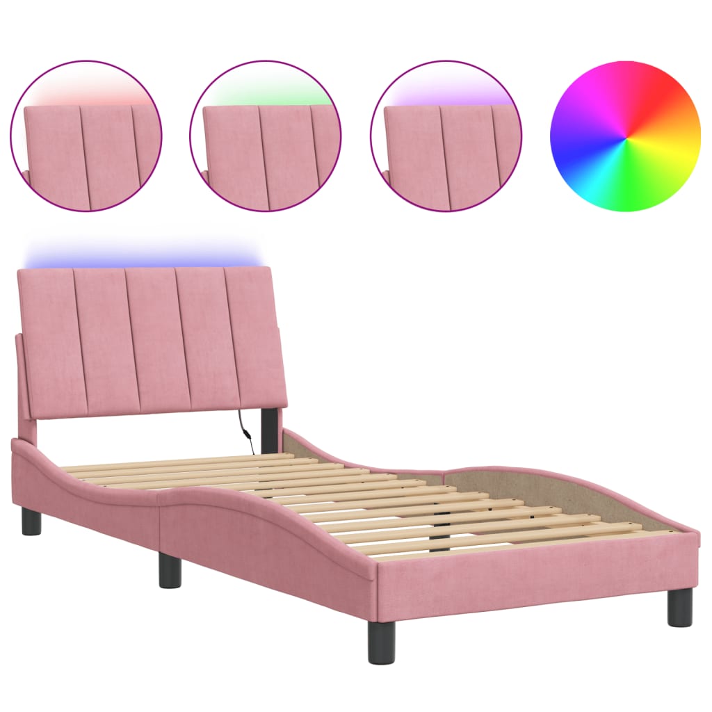 Bettgestell mit LED ohne Matratze "Hanko" Rosa 90x200 cm Samt