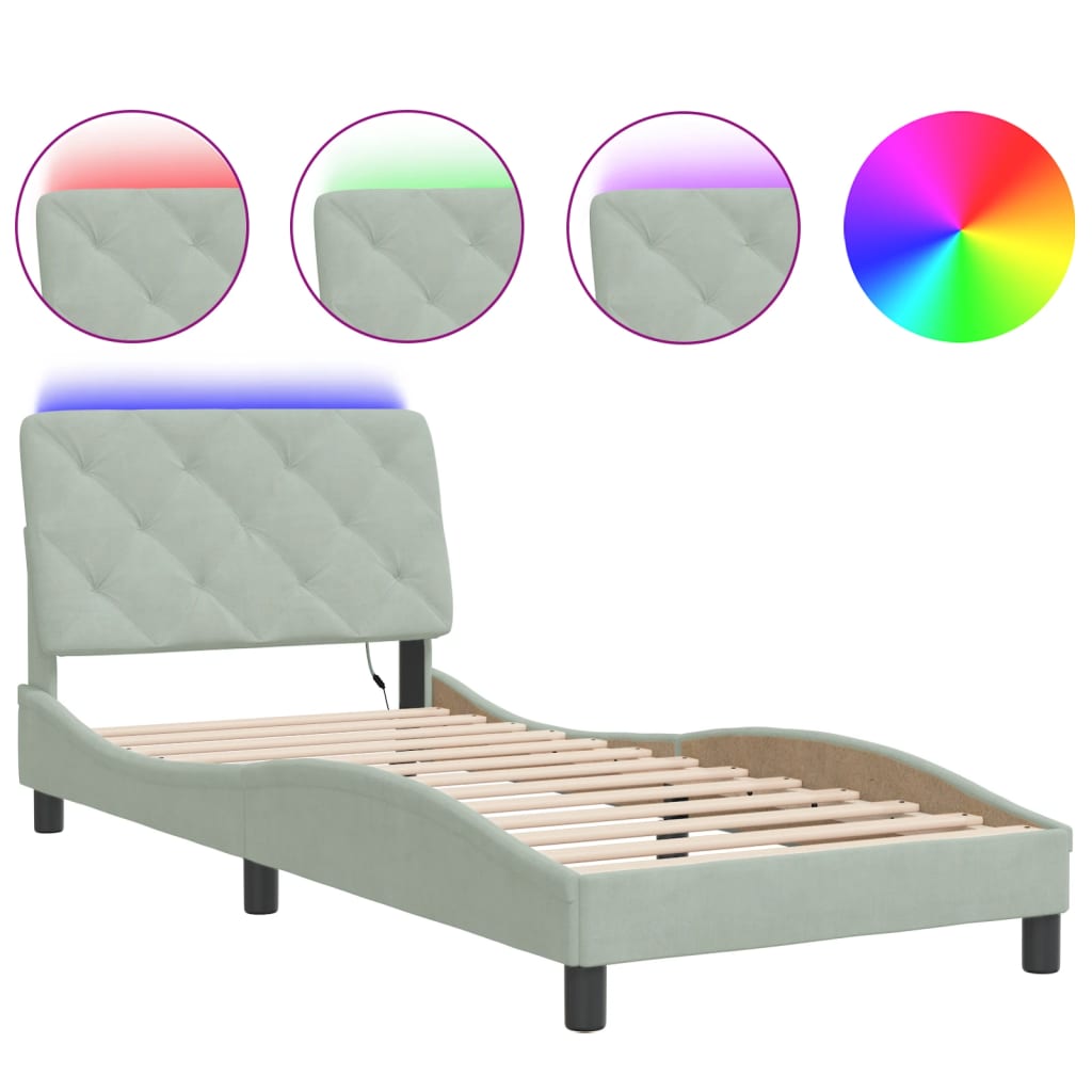 Bettgestell mit LED ohne Matratze Hellgrau 90x190 cm Samt
