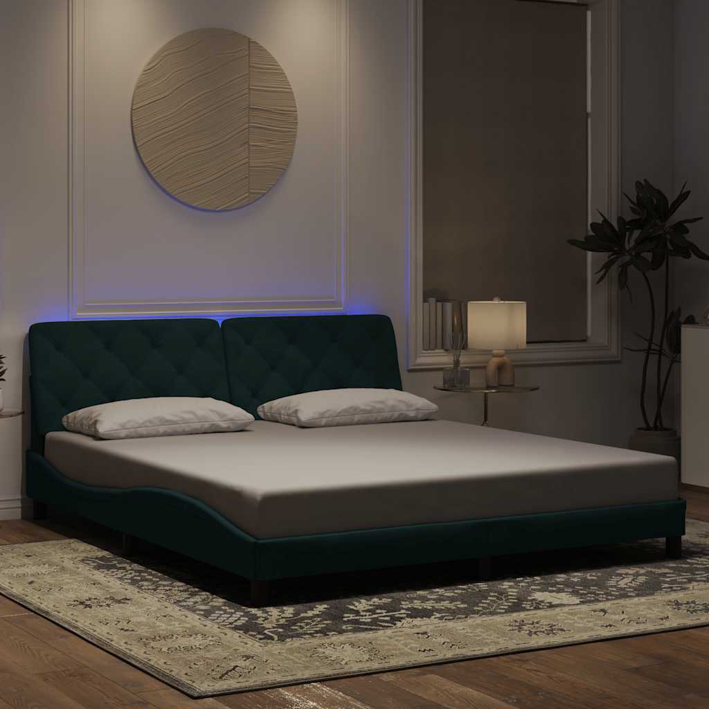 Bettgestell mit LED ohne Matratze Dunkelgrün 180x200 cm Samt
