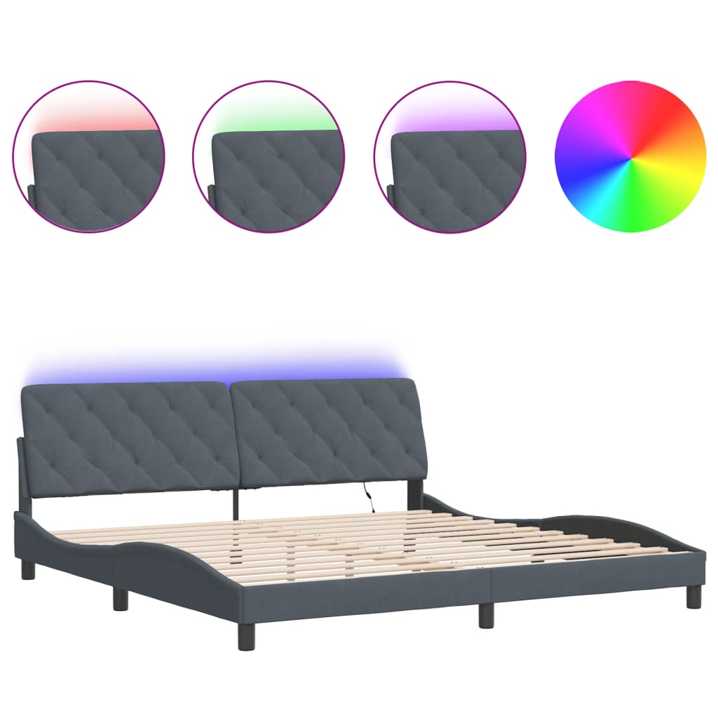 Bettgestell mit LED ohne Matratze Dunkelgrau 200x200 cm Samt