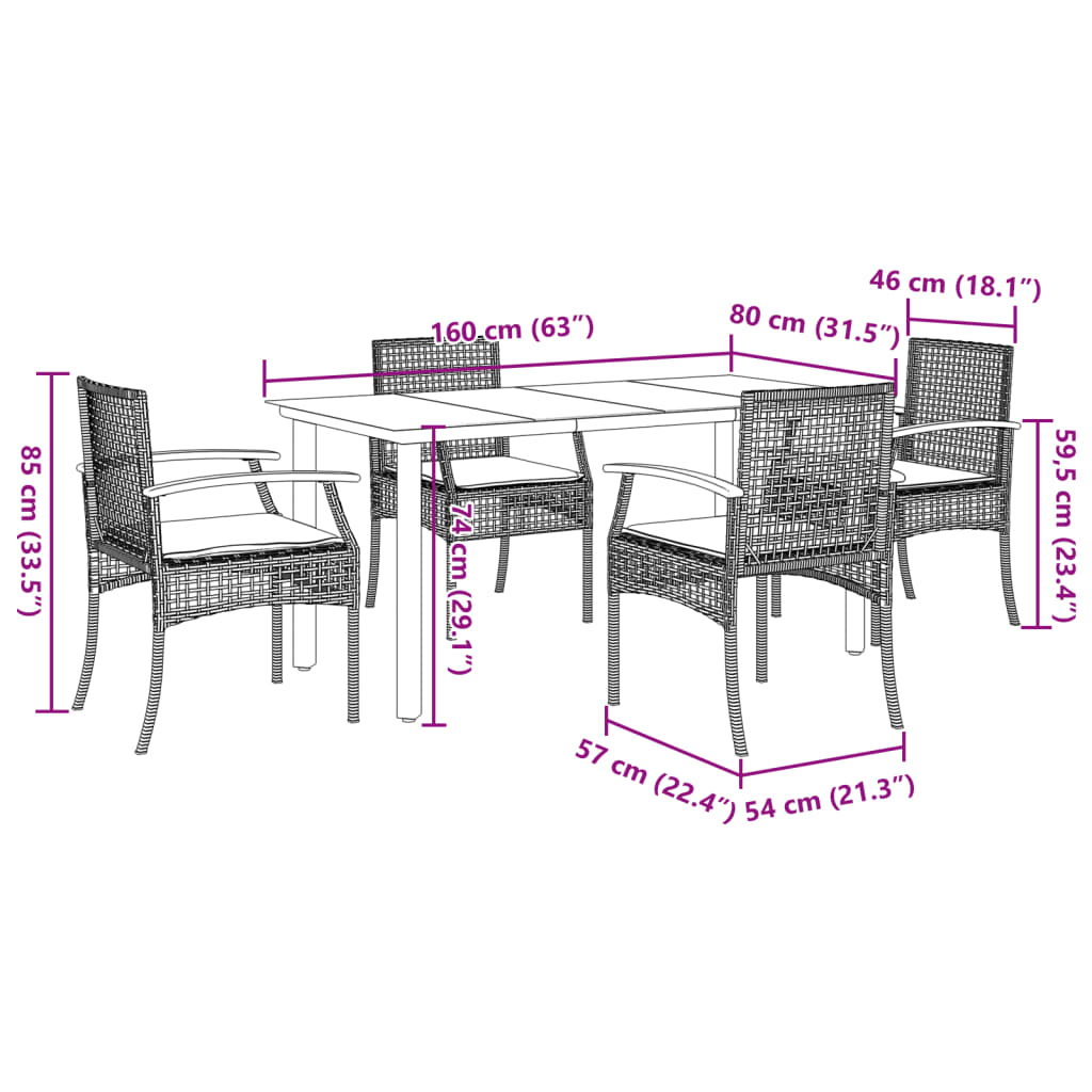 5-tlg. Garten-Essgruppe mit Kissen Grau Poly Rattan