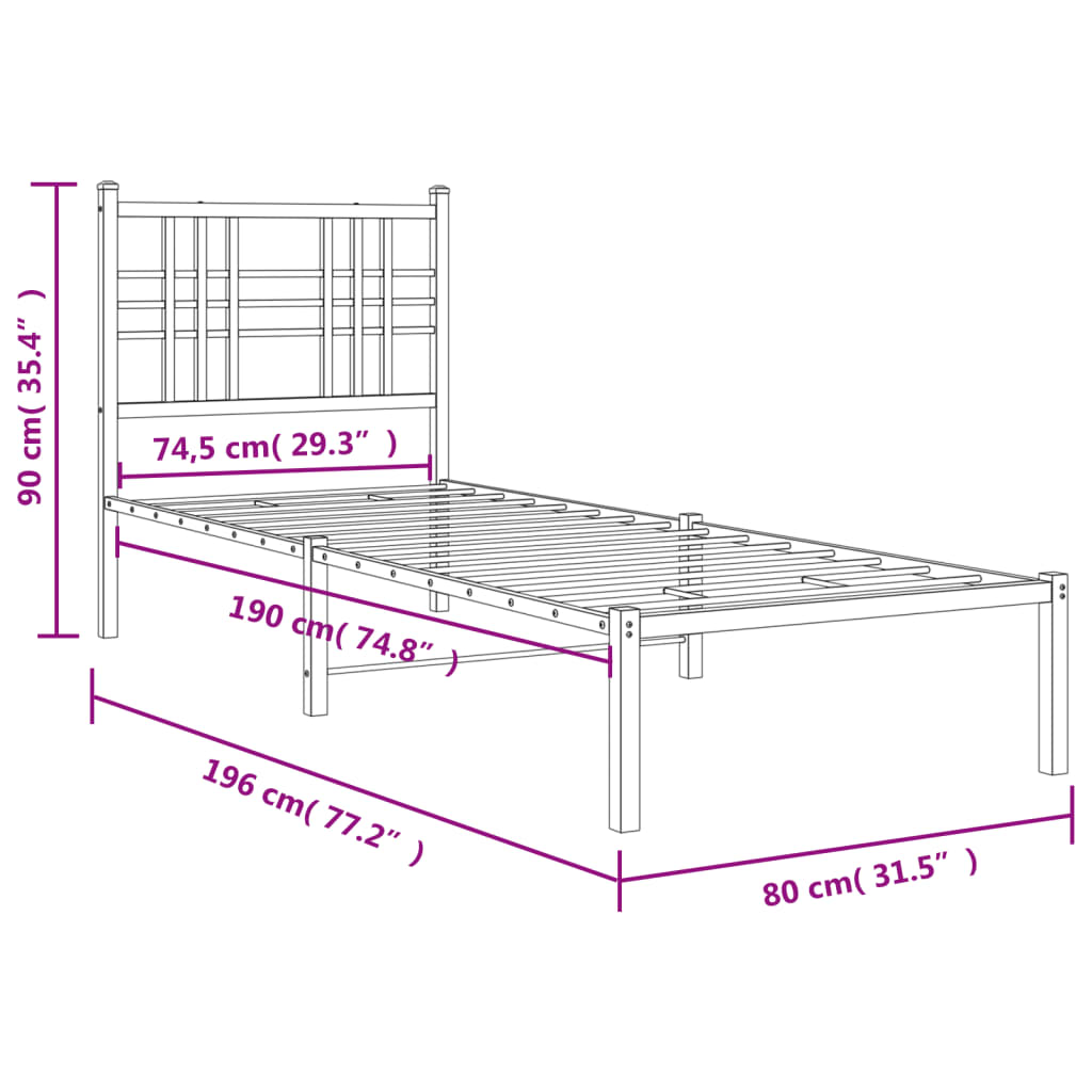 Metallbett ohne Matratze mit Kopfteil Weiß 75x190 cm