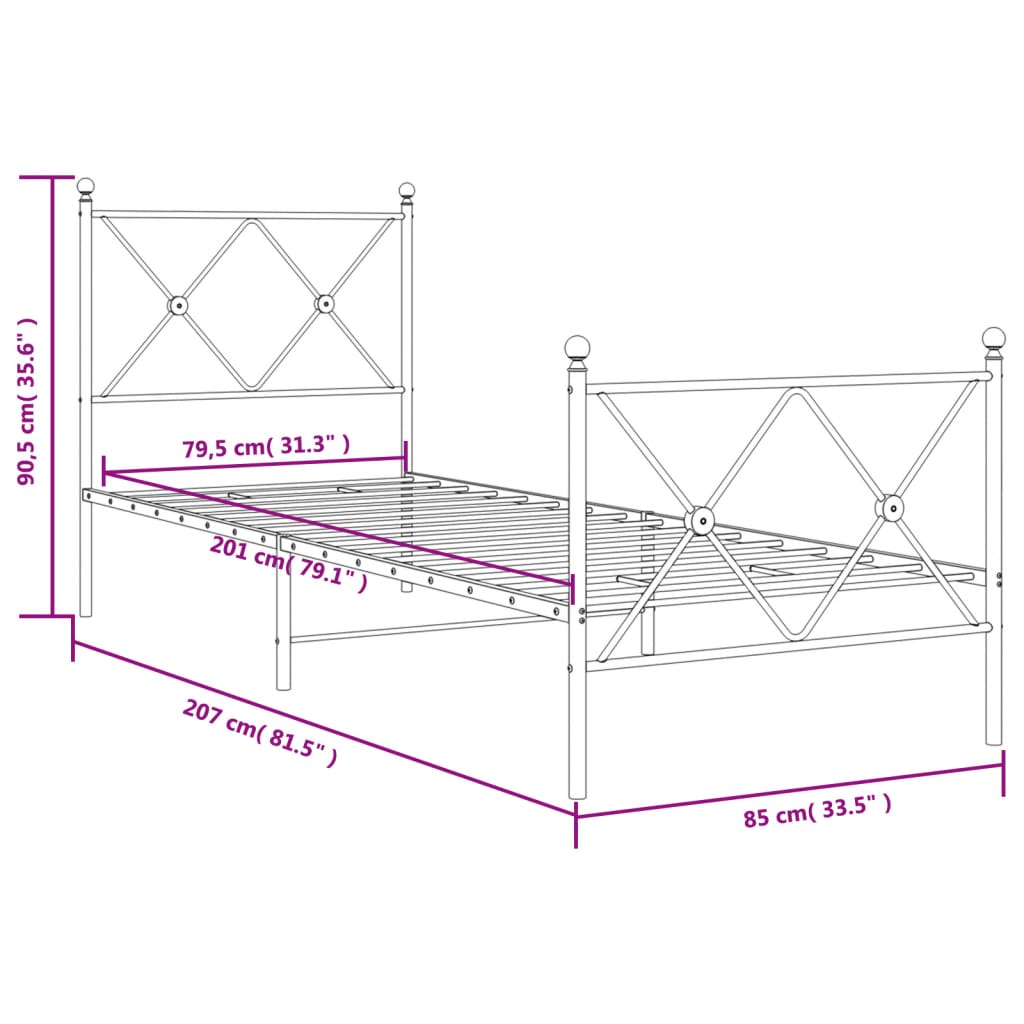 Bettgestell mit Kopf- und Fußteil Metall Schwarz 80x200 cm