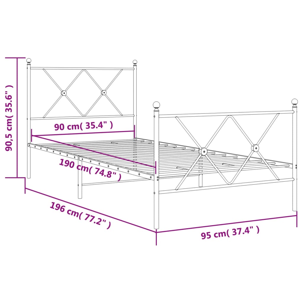 Bettgestell mit Kopf- und Fußteil Metall Schwarz 90x190 cm