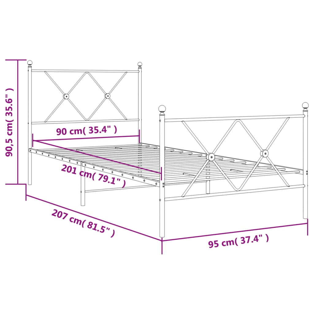 Bettgestell mit Kopf- und Fußteil Metall Schwarz 90x200 cm