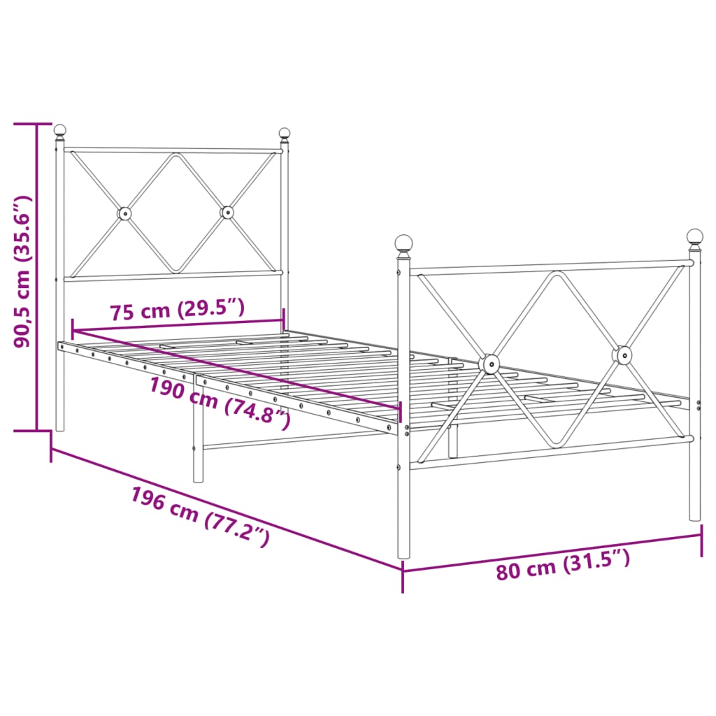 Bettgestell mit Kopf- und Fußteil Metall Weiß 75x190 cm