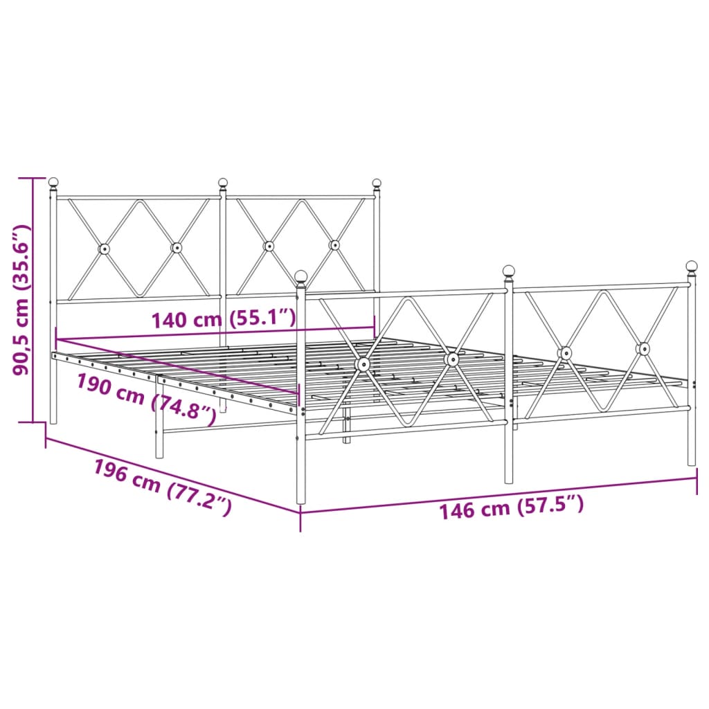 Bettgestell mit Kopf- und Fußteil Metall Weiß 140x190 cm