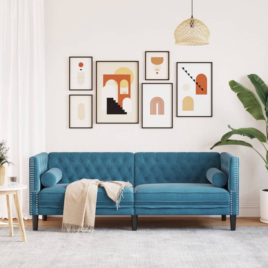 Chesterfield-Sofa mit Nackenrollen 3-Sitzer Blau Samt