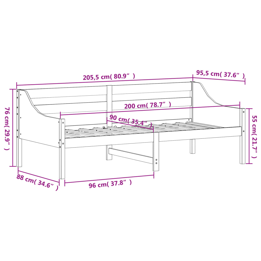 Tagesbett ohne Matratze Wachsbraun 90x200 cm Massivholz Kiefer