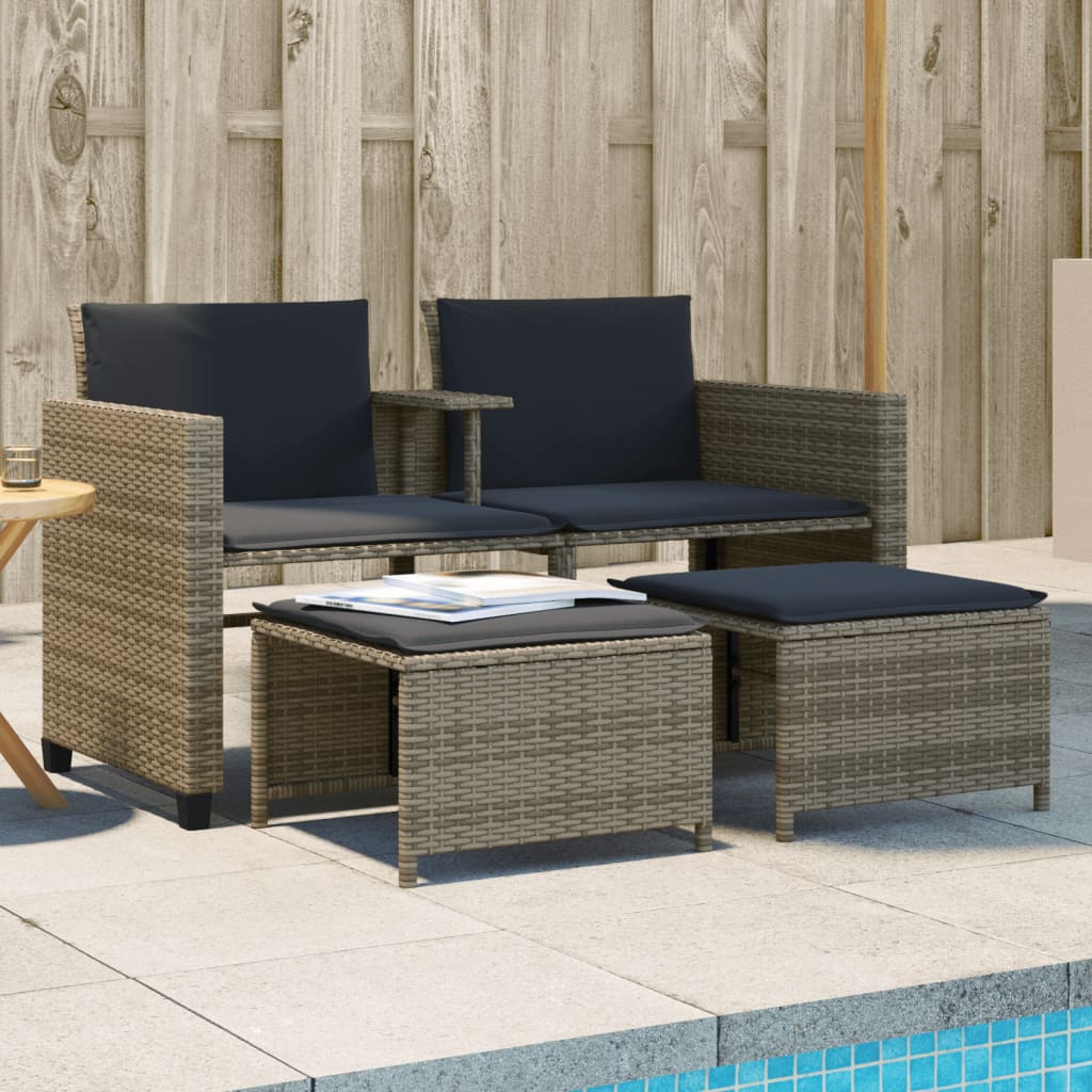 Gartensofa 2-Sitzer mit Tisch und Hockern Grau Poly Rattan