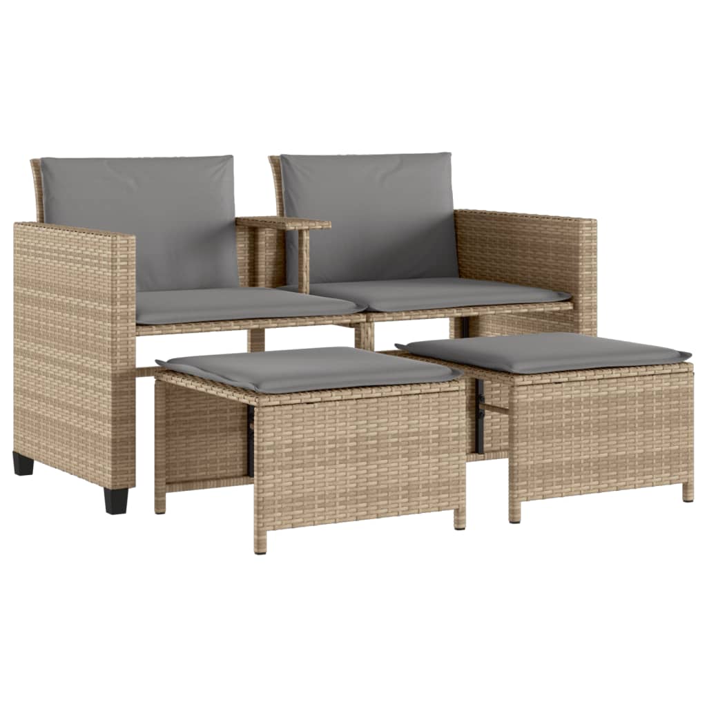 Gartensofa 2-Sitzer mit Tisch und Hockern Beige Poly Rattan