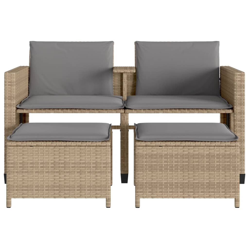 Gartensofa 2-Sitzer mit Tisch und Hockern Beige Poly Rattan