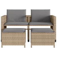 Gartensofa 2-Sitzer mit Tisch und Hockern Beige Poly Rattan